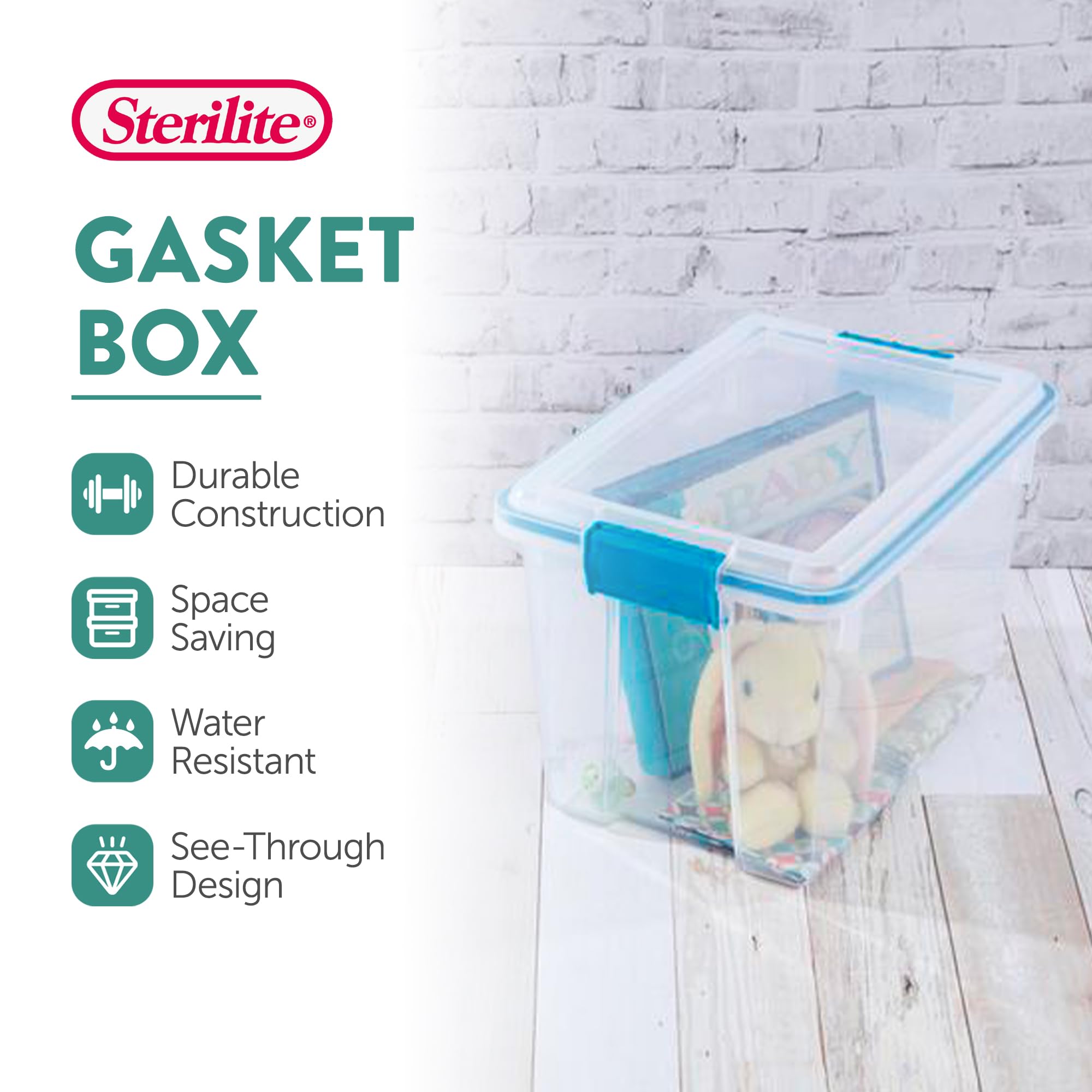 Sterilite 20 Qt Gasket Box, Stackable Storage Bin with Latching Lid and Tight Seal, Plastic Container to Organize Basement, Clear Base and Lid, 6-Pack