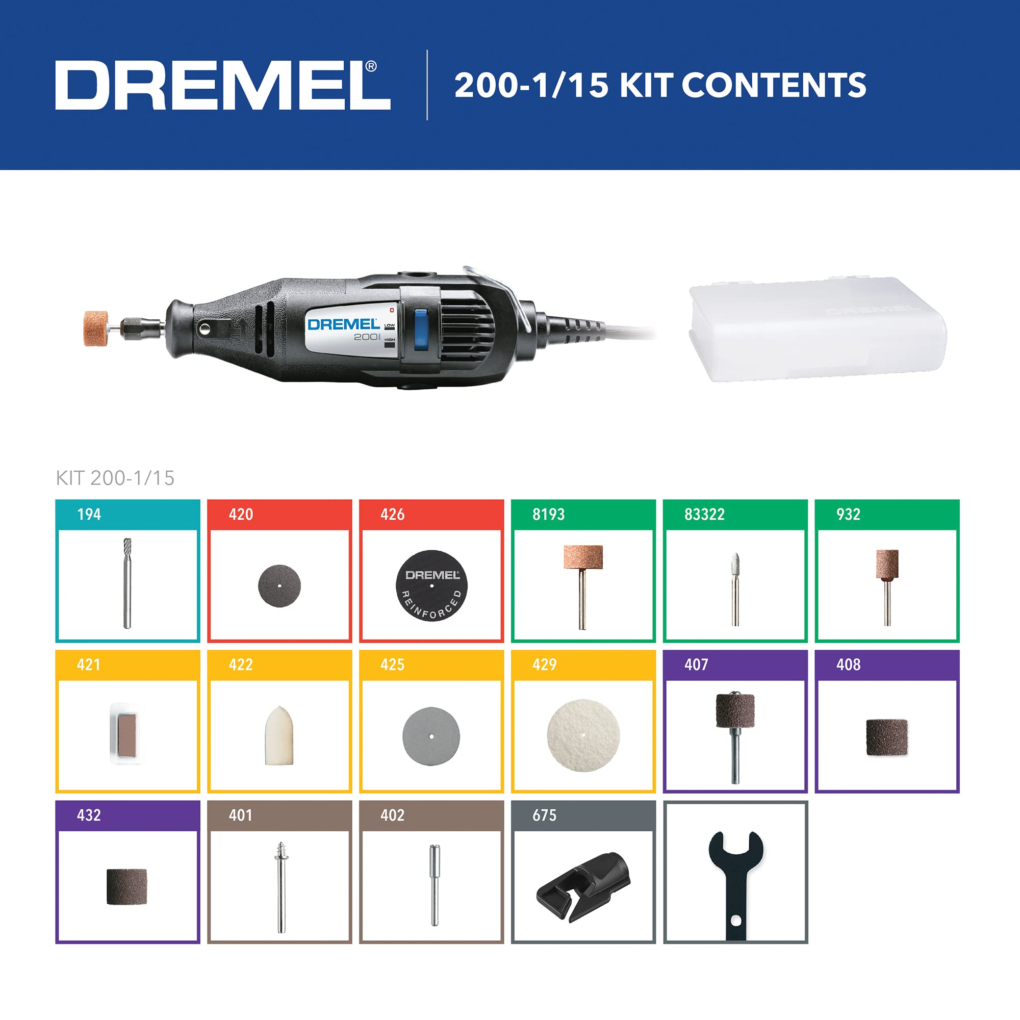 Dremel 200-1/15 Two-Speed Rotary Tool Kit with 1 Attachment 15 Accessories - Hobby Drill, Woodworking Carving Tool, Glass Etcher, Small Pen Sander, Garden Tool Sharpener, Craft and Jewelry Drill