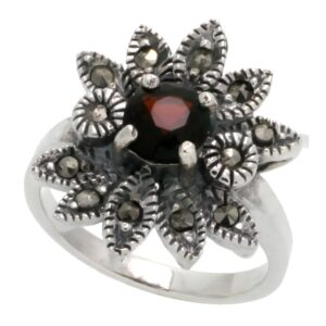 sterling silver marcasite fancy flower ring, w/brilliant cut natural garnet, 3/4 inch (19 mm) wide, size 8.5