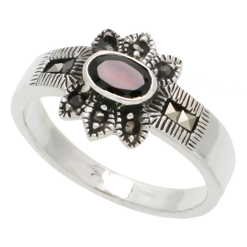 Sterling Silver Marcasite Flower Ring, w/Oval Cut Natural Garnet, 1/2 inch (12 mm) wide, size 7