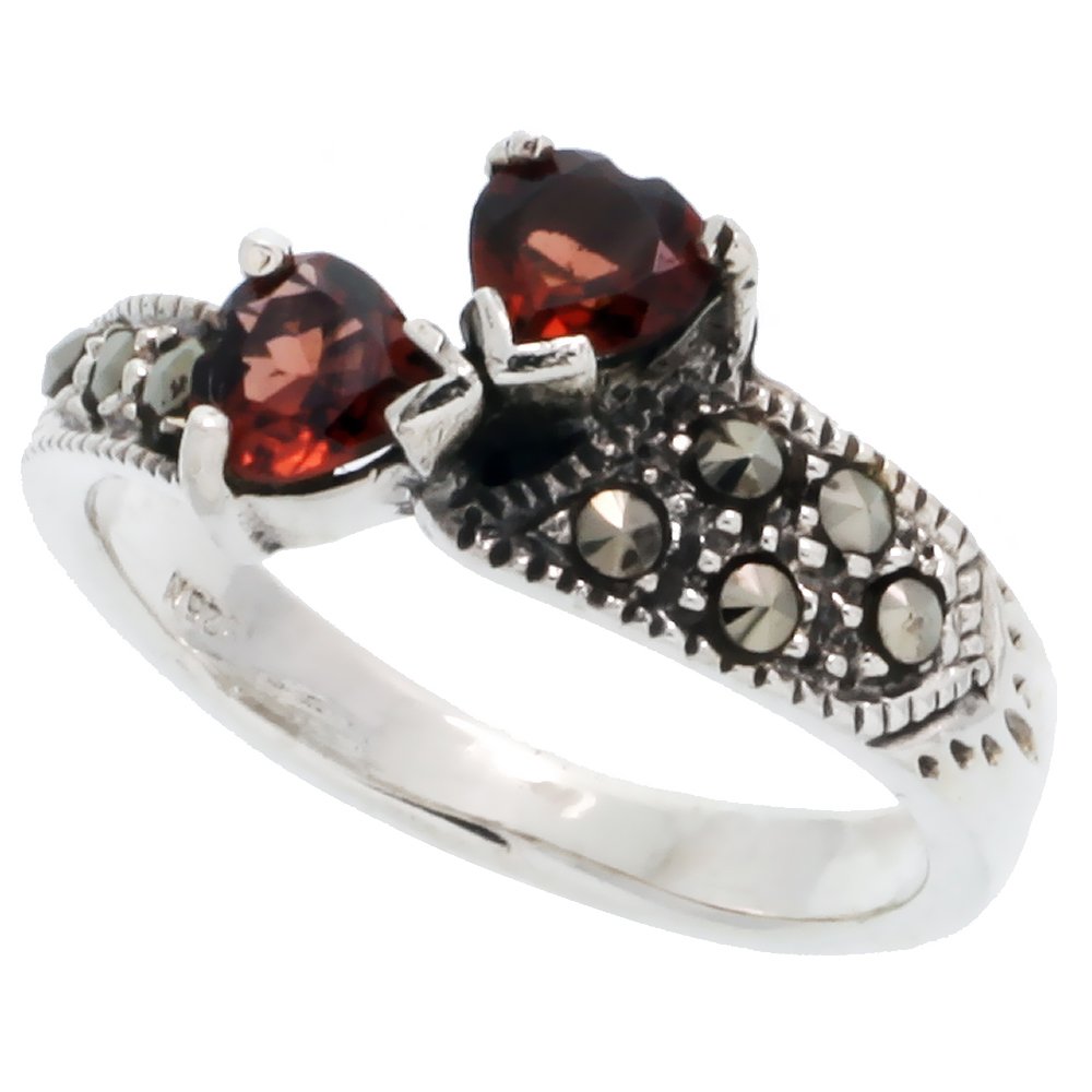 Sterling Silver Marcasite Double Heart Ring, w/Natural Garnet, 3/8 inch (10 mm) wide, size 6.5