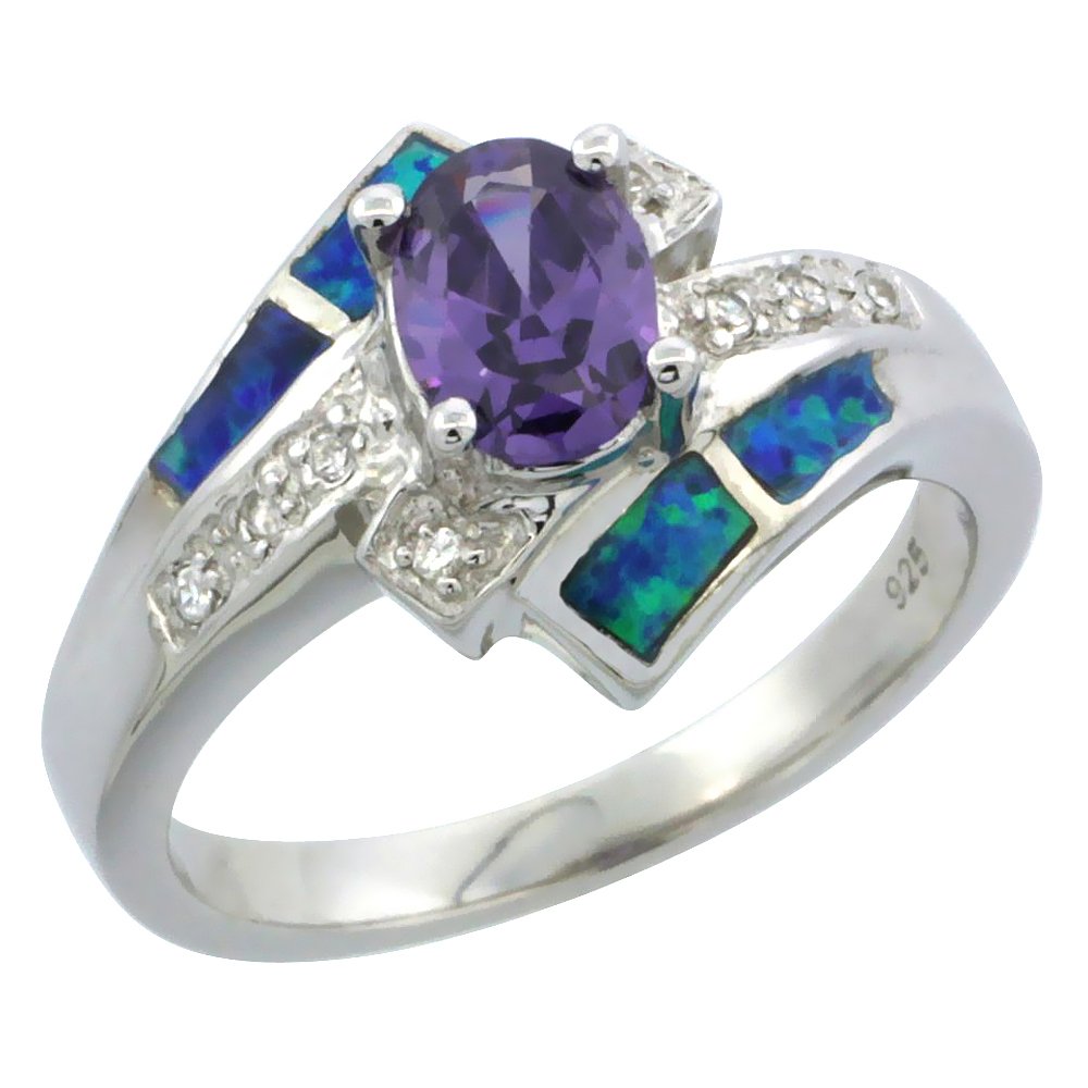 Sterling Silver Blue Synthetic Opal Byass Ring for Women White & Oval Amethyst CZ 1/2 inch size 8