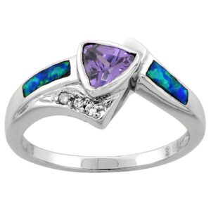 sterling silver blue synthetic opal trillion cut ring for women amethyst cz center 7/16 inch size 6