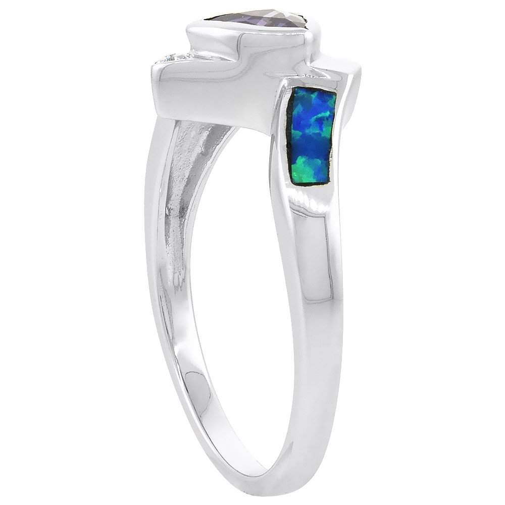 Sterling Silver Blue Synthetic Opal Trillion Cut Ring for Women Amethyst CZ Center 7/16 inch size 6