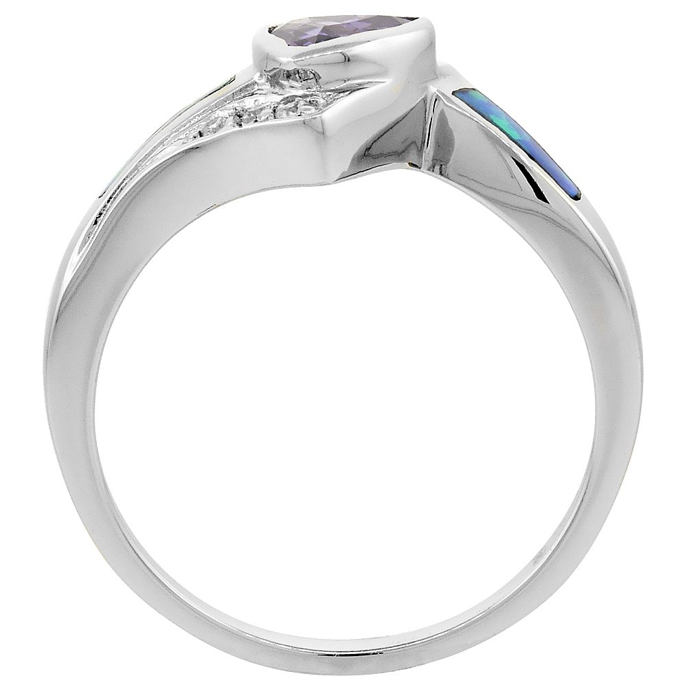 Sterling Silver Blue Synthetic Opal Trillion Cut Ring for Women Amethyst CZ Center 7/16 inch size 6