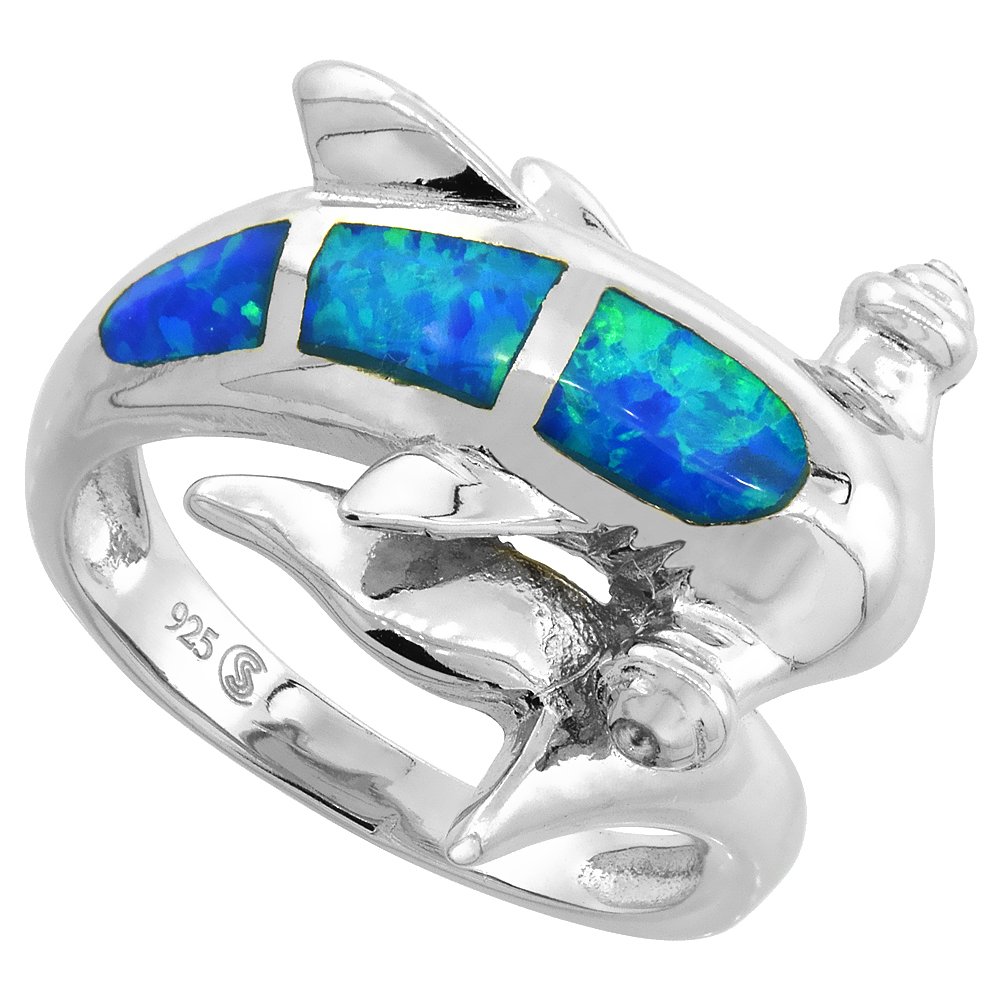 Sterling Silver Blue Synthetic Opal Hammerhead Shark Ring for Women 3/4 inch size 7