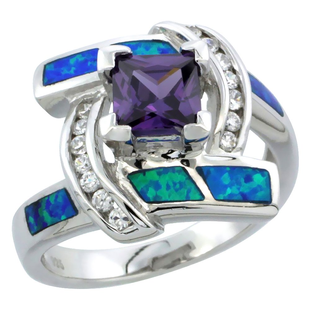 Sterling Silver Blue Synthetic Opal Princess Cut Bypass Ring for Women White & Amethyst CZ 5/8 inch size 7