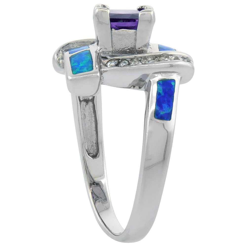 Sterling Silver Blue Synthetic Opal Princess Cut Bypass Ring for Women White & Amethyst CZ 5/8 inch size 7