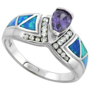 Sterling Silver Blue Synthetic Opal Teardrop Ring for Women White & Amethyst CZ 1/2 inch size 7