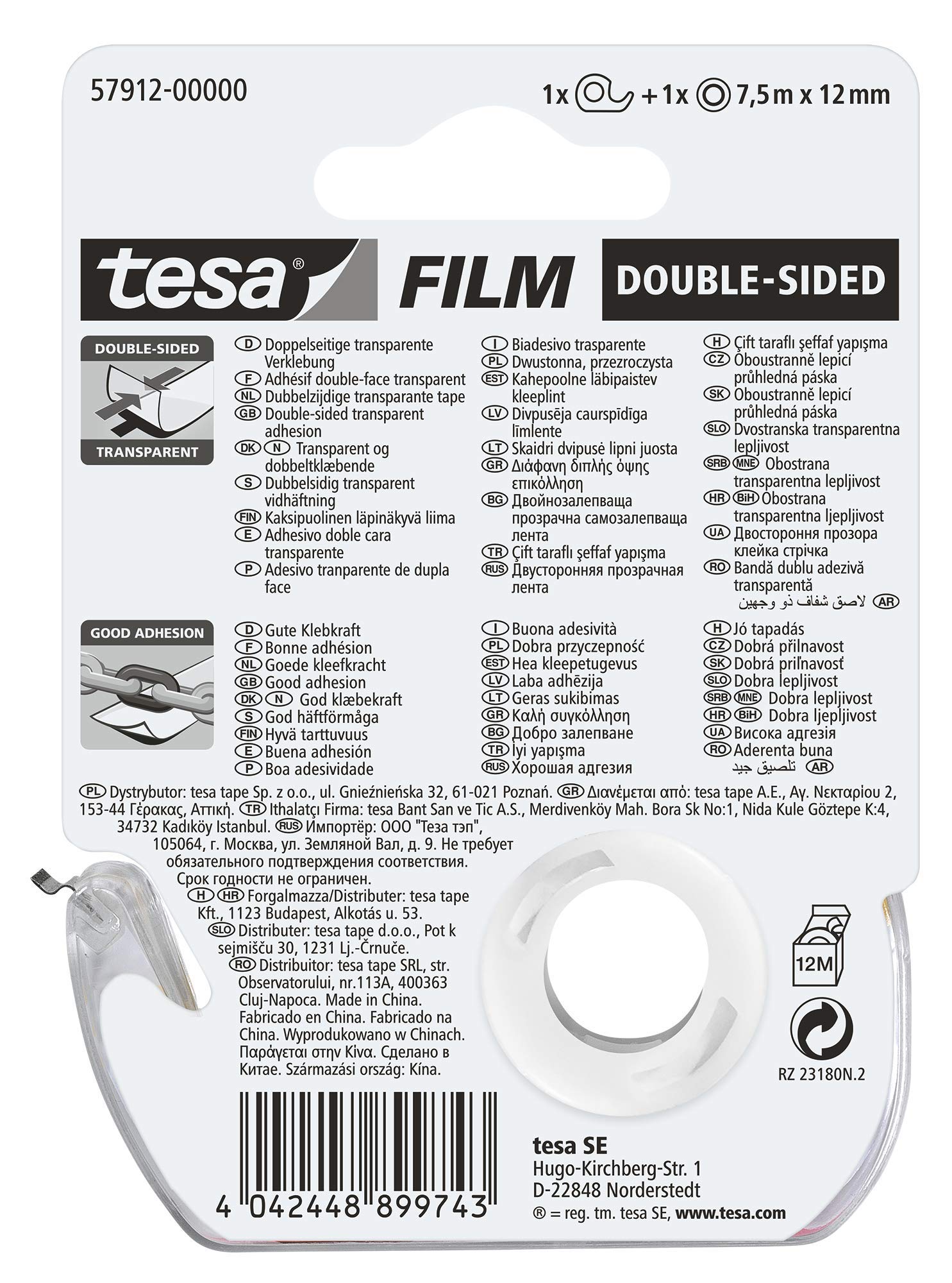 tesafilm Double-Sided Adhesive Tape - Easy hanging of Paper, Photos and Decorations, 1 Roll, 24.6 ft x 0.5 in, Transparent