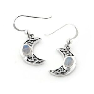 Celtic Knot and Crescent Moon Spirit with Genuine Rainbow Moonstone Sterling Silver Hook Earrings