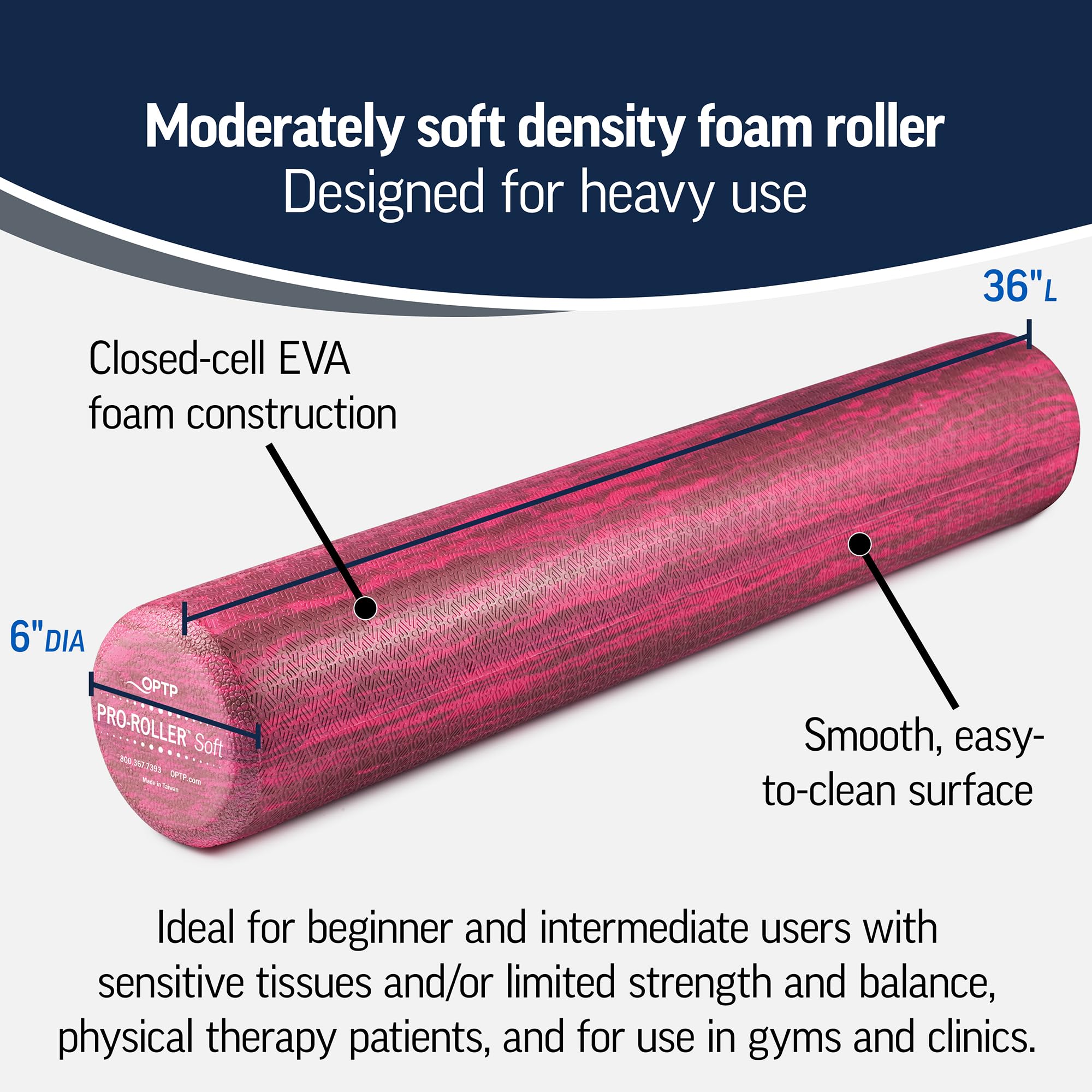 OPTP PRO-Roller Soft Density Foam Roller – Low Density Soft Foam Roller for Physical Therapy, Pilates Foam Roller and Yoga Foam Roll Exercises, and Muscle Recovery - Pink 36" x 6"