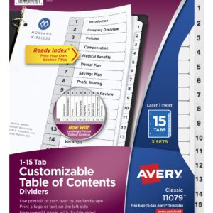 Avery 15 Tab Dividers for 3 Ring Binders, Customizable Table of Contents, Classic White Tabs, 3 Sets (11079)