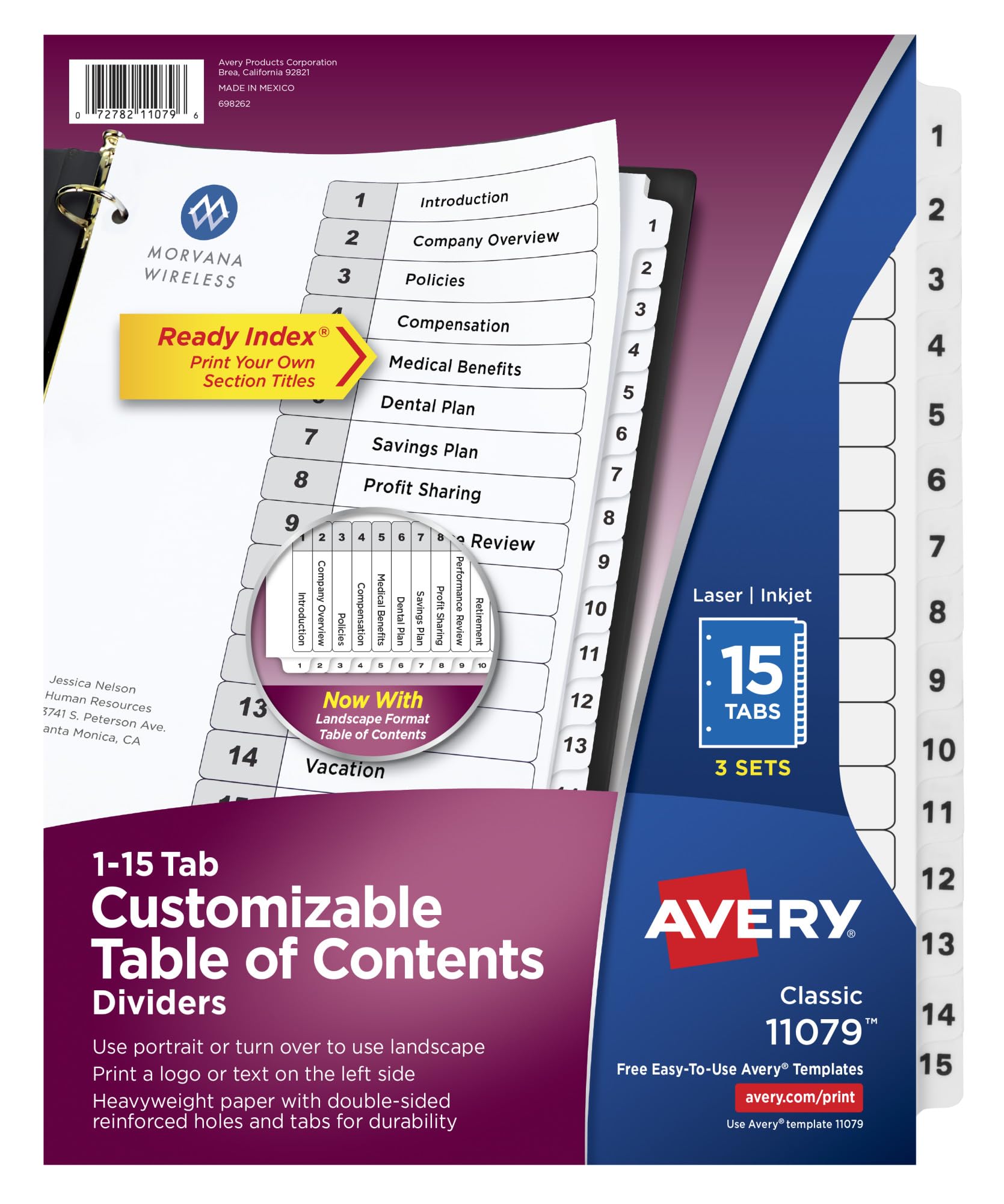 Avery 15 Tab Dividers for 3 Ring Binders, Customizable Table of Contents, Classic White Tabs, 3 Sets (11079)