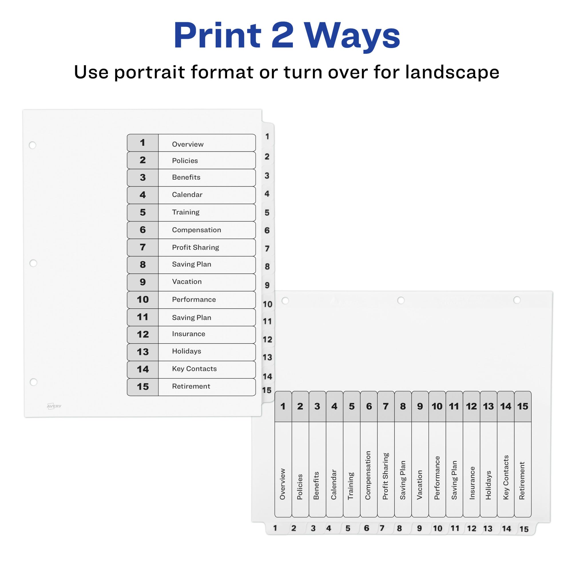 Avery 15 Tab Dividers for 3 Ring Binders, Customizable Table of Contents, Classic White Tabs, 3 Sets (11079)