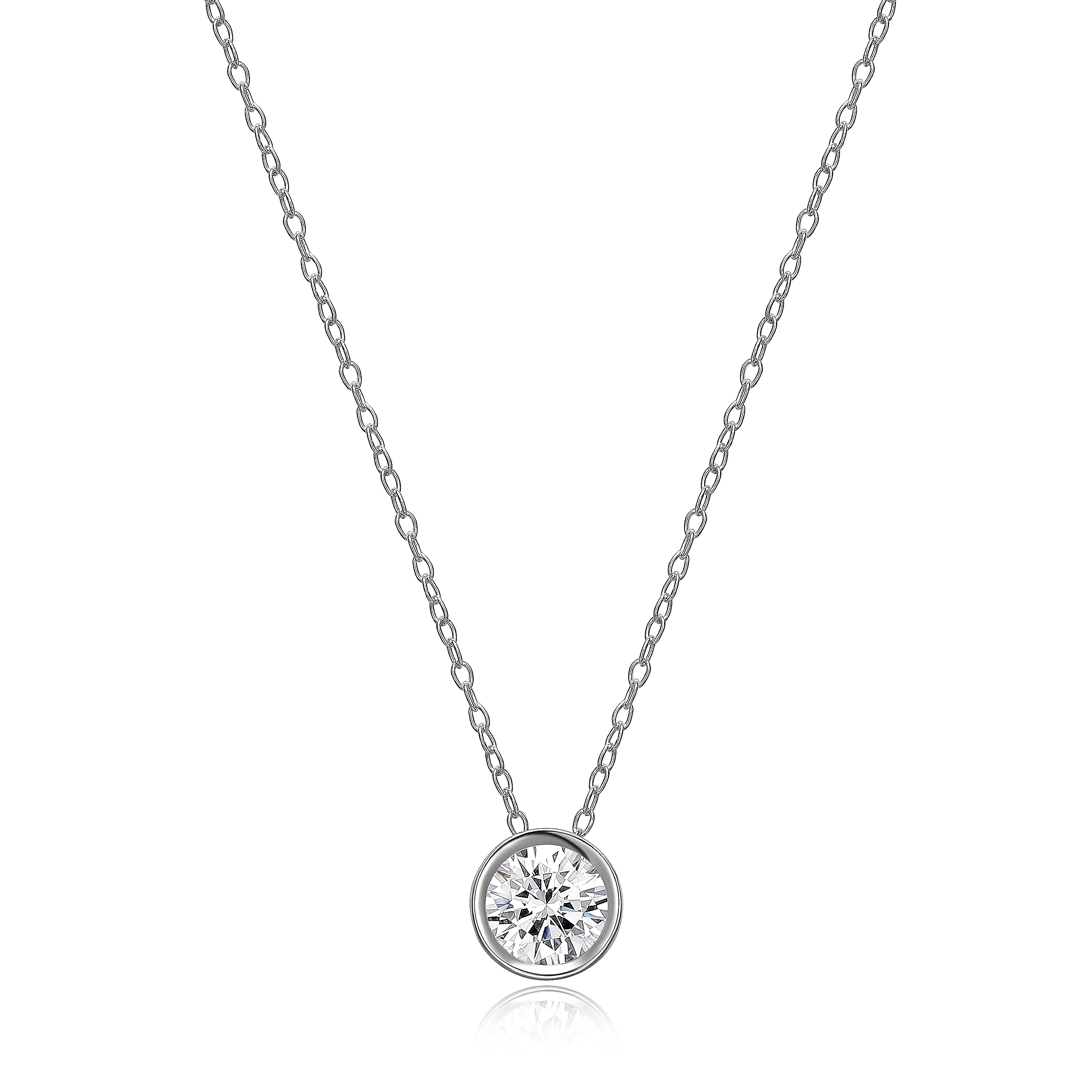 MORGAN & PAIGE Platinum-Plated .925 Sterling Silver Round Cubic Zirconia 1/4" Bezel Set Solitaire Pendant Necklace, 18"