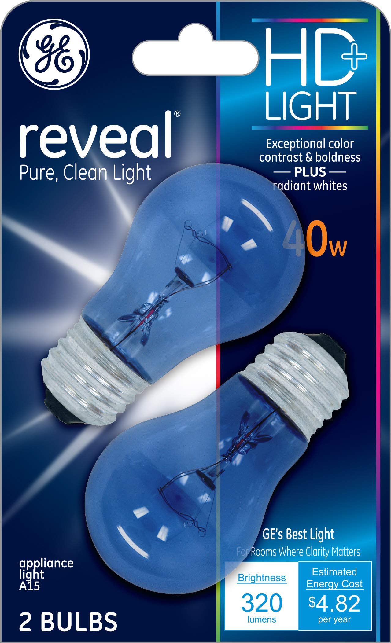 GE Lighting 48706 40-Watt Reveal A15 Appliance Bulb, 2-Card, 2 Count (Pack of 1), Clear