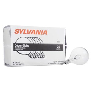 Sylvania Incandescent 25W G16.5 Decor Globe Light Bulb, E12 Candelabra Base, Clear Finish 2850K Warm White, 6 Pack