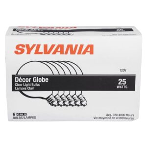 Sylvania Incandescent 25W G16.5 Decor Globe Light Bulb, E12 Candelabra Base, Clear Finish 2850K Warm White, 6 Pack