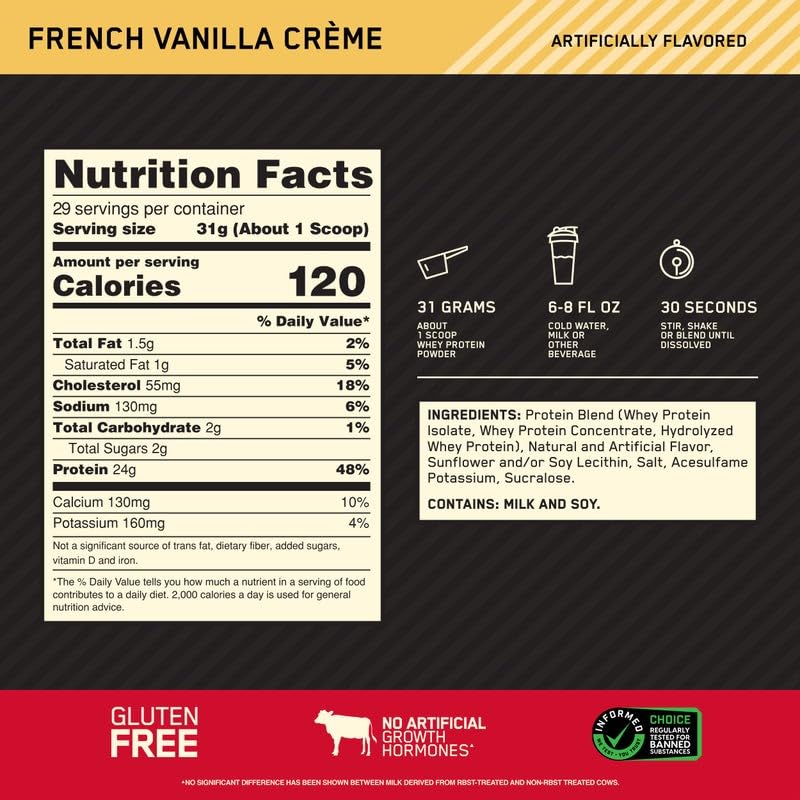 Optimum Nutrition Gold Standard 100% Whey Protein Powder, French Vanilla Creme, 2 Pound (Packaging May Vary)