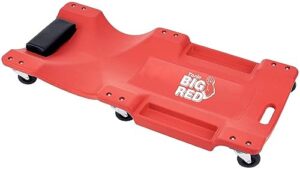 big red trp6240 torin blow molded plastic rolling garage/shop creeper: 40" mechanic cart with padded headrest, dual tool trays and 6 casters, red