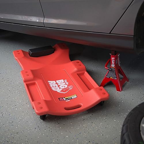 BIG RED TRP6240 Torin Blow Molded Plastic Rolling Garage/Shop Creeper: 40" Mechanic Cart with Padded Headrest, Dual Tool Trays and 6 Casters, Red