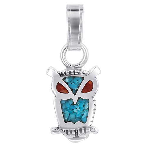 Owl Turquoise and Coral Gemstone Inlay Southwestern Style 925 Sterling Silver Pendant for Women