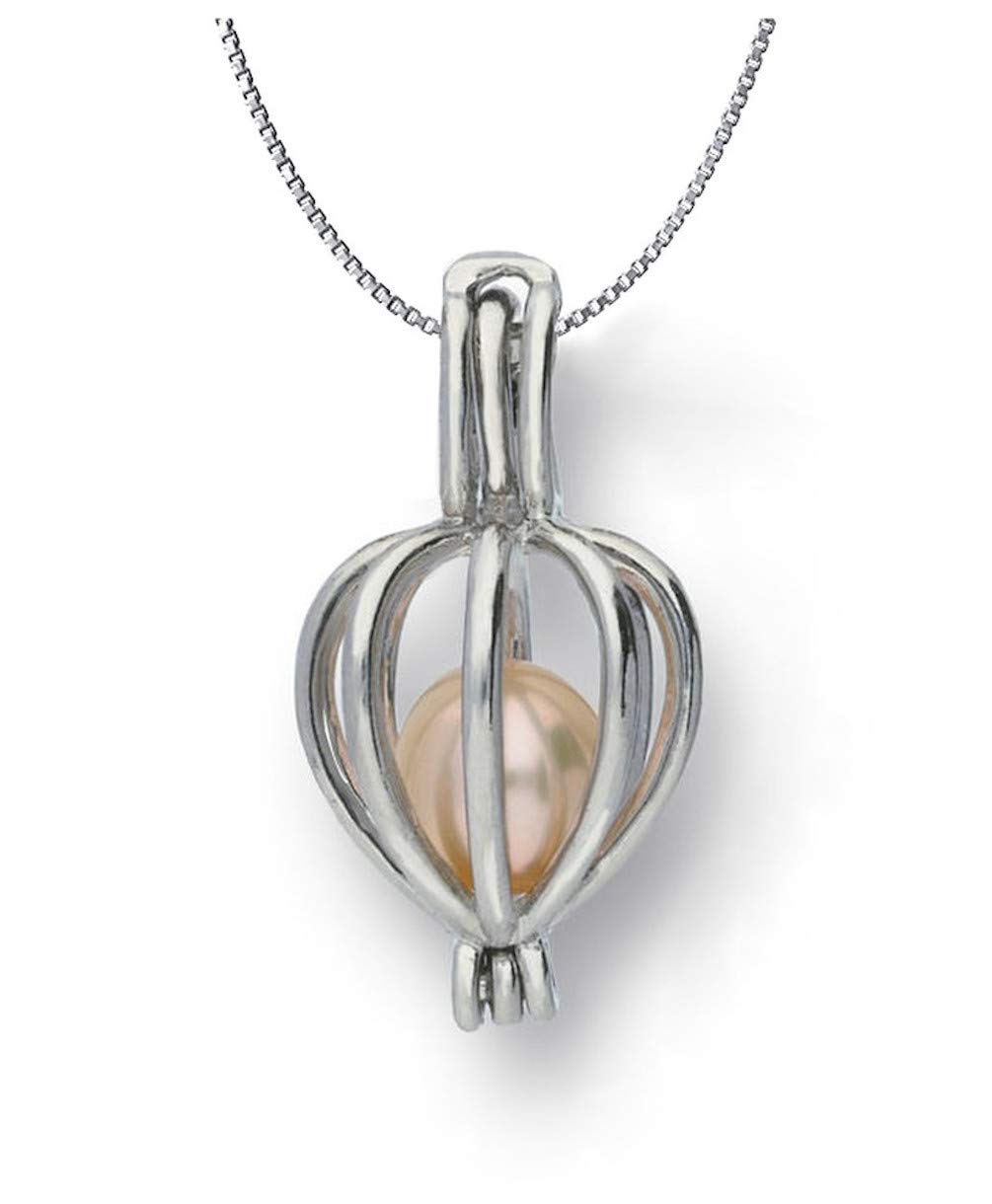 Pearlina Sterling Silver Heart Cage Locket Necklace Cultured Wish Pearl in Oyster Set, 18"