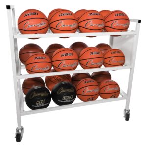 champion sports three tier basketball storage cart with swivel caster wheels, 24 ball capacity (white)