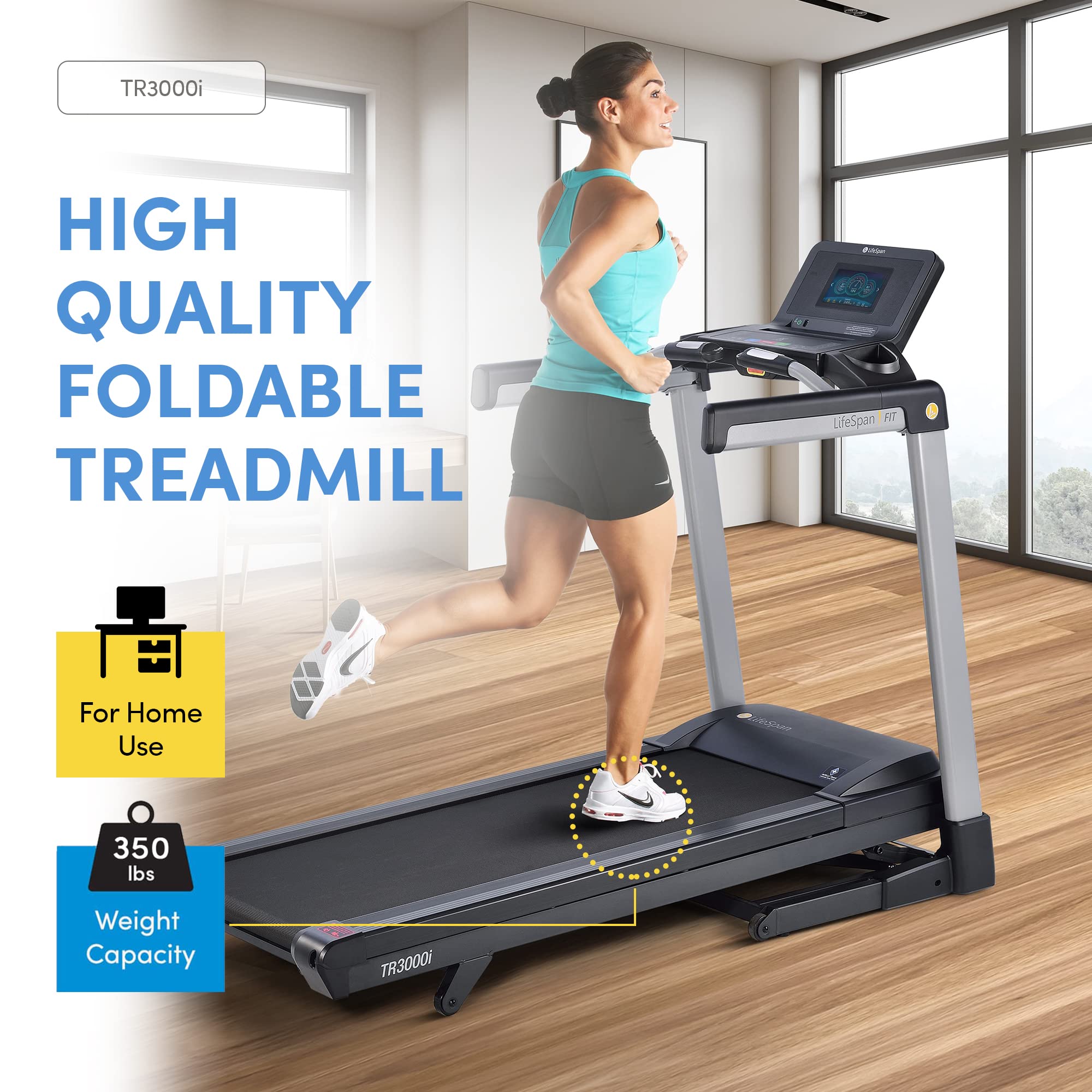 Lifespan Fitness Quiet EZfold Bluetooth Shock Absorbing Heart Sensor Treadmill with 7 Inch Touch Screen Display and 38 Preset Programs