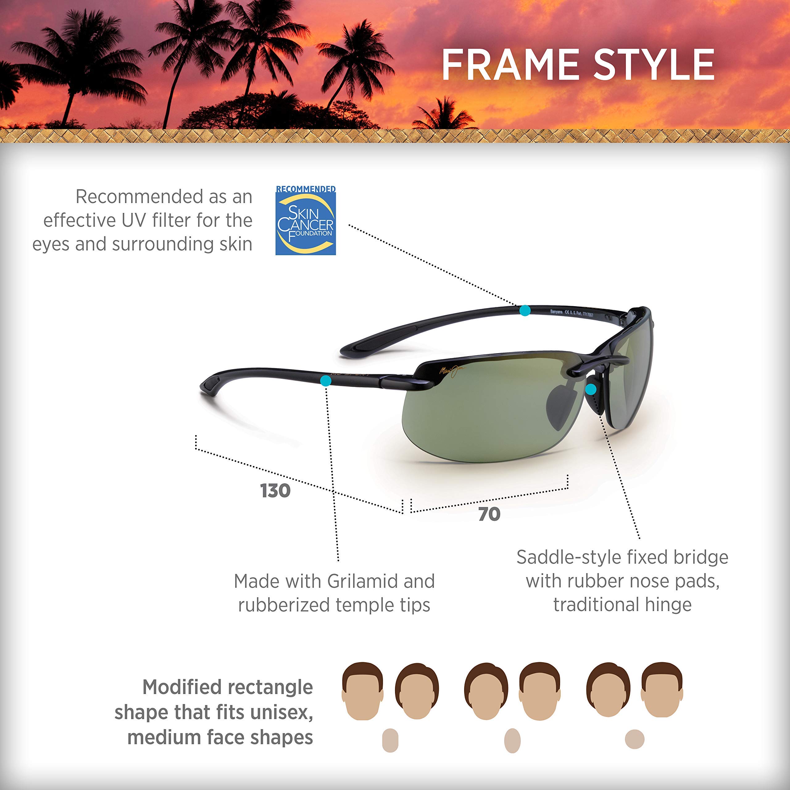 Maui Jim Men's and Women's Banyans Polarized Rimless Sunglasses, Gloss Black/Maui HT™, Large