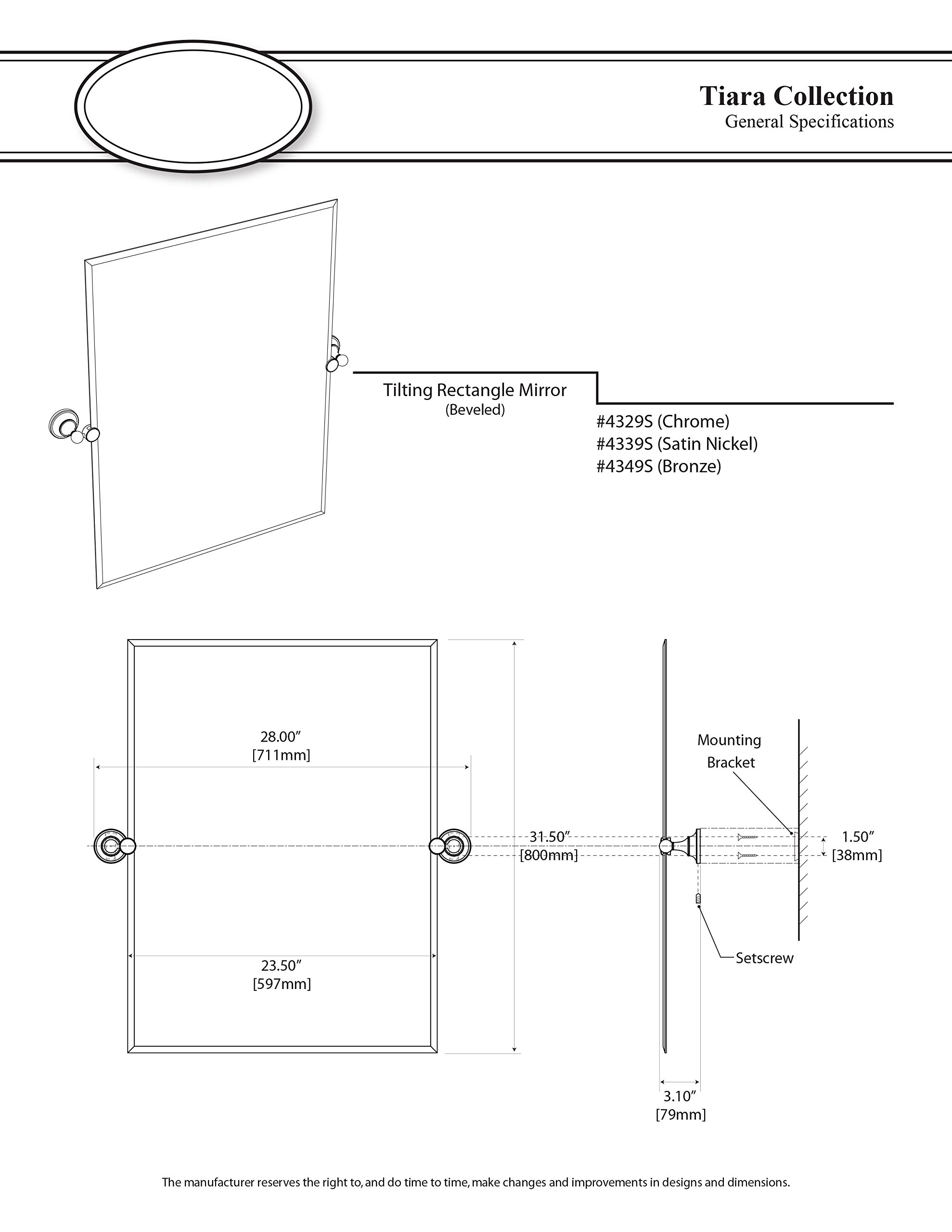 Gatco 4339S Tiara Rectangular Wall Mirror, Satin Nickel 31.5" x 28"