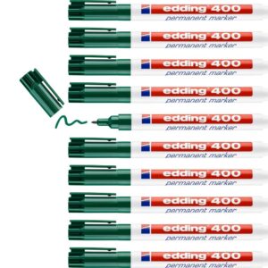 edding 400 permanent marker - green - 10 pens - fine round tip 1 mm - waterproof, quick-drying, smear-proof pens - for cardboard, plastic, wood, metal, glass and fabric