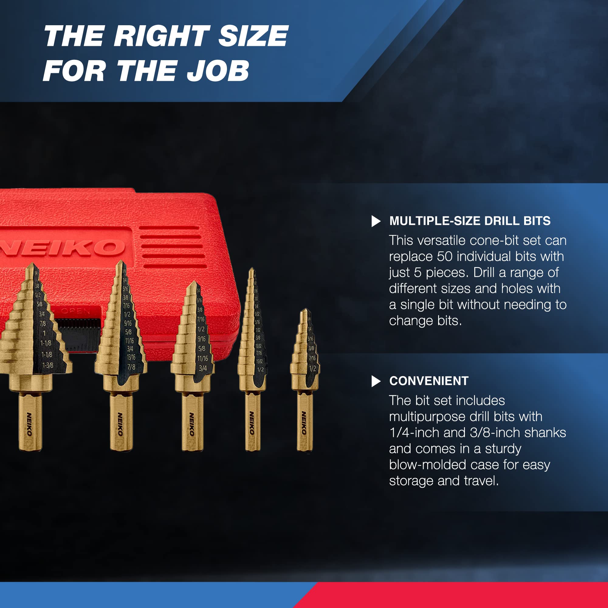 NEIKO 10197A Step Drill Bit Set, 5 Pc Step Bit for Metal, 50 SAE Sizes Total, 1/8” – 1-3/8”, SAE Titanium High Speed Steel Unibit, Stepper Cone Drill Bit, Two Flute Step Down Bits, Step Up Drill Bits