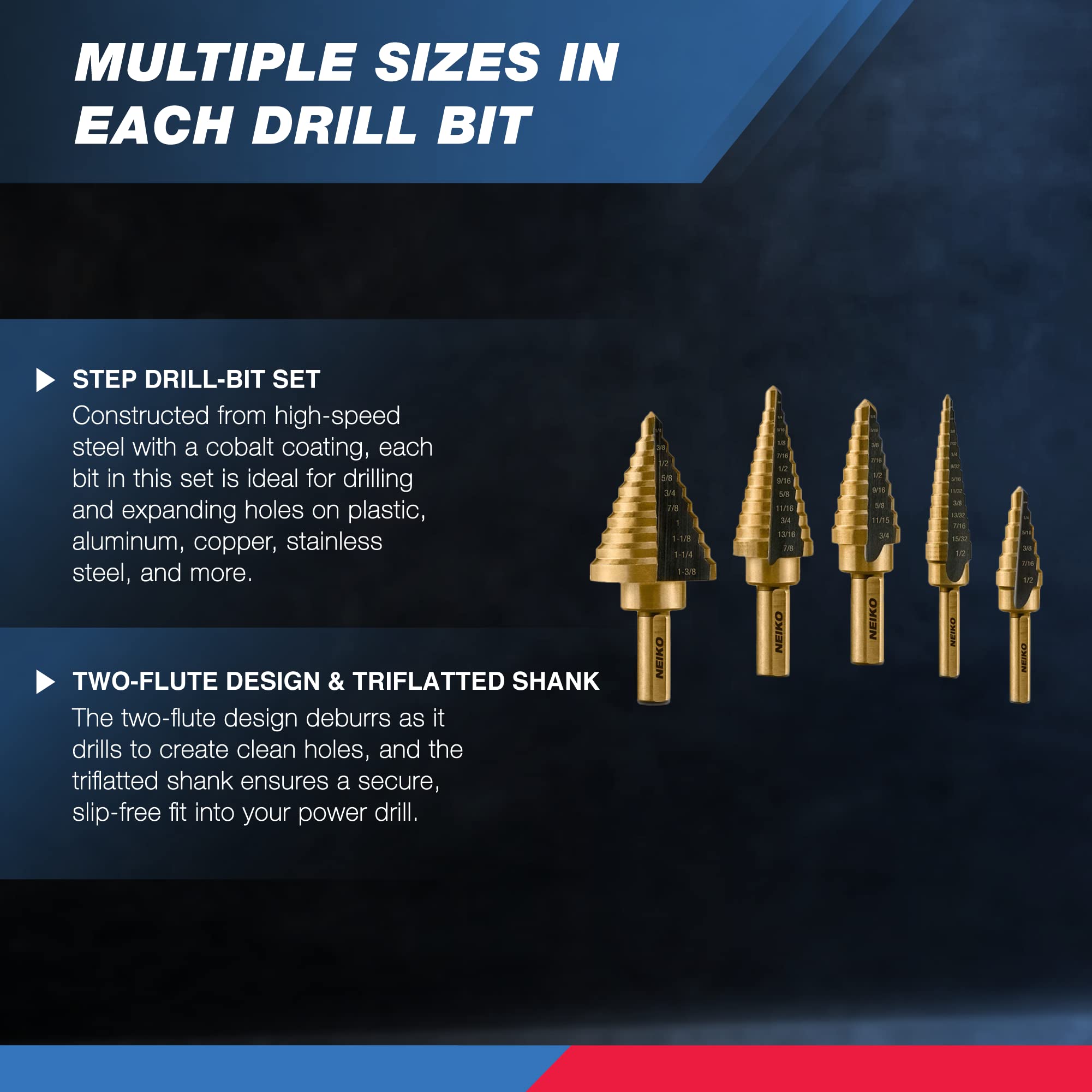 NEIKO 10197A Step Drill Bit Set, 5 Pc Step Bit for Metal, 50 SAE Sizes Total, 1/8” – 1-3/8”, SAE Titanium High Speed Steel Unibit, Stepper Cone Drill Bit, Two Flute Step Down Bits, Step Up Drill Bits