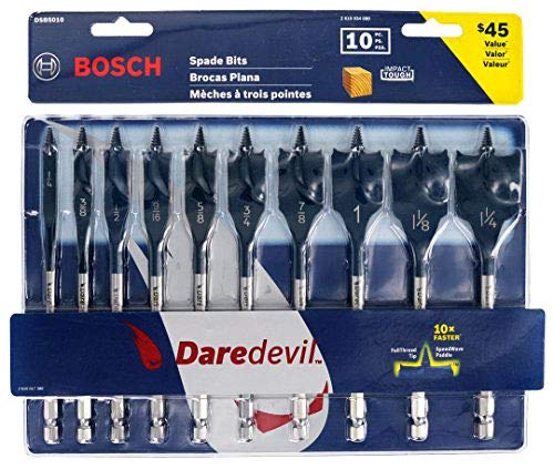 BOSCH DSB5010 Daredevil 10-Piece Standard Spade Bit Set w/ Full cone Threading and Spurred Tip , Blue