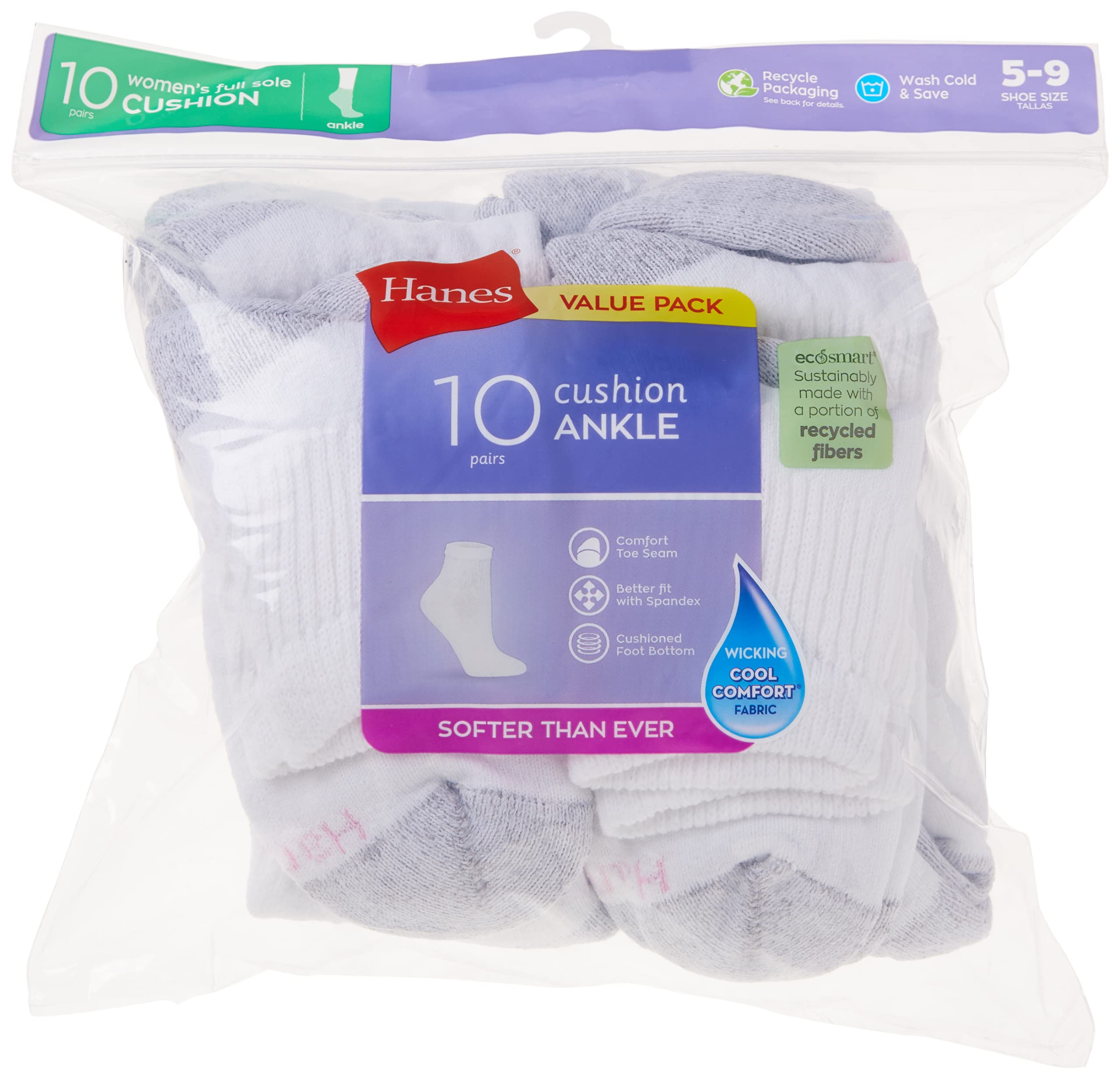 Hanes Womens Value, Ankle Soft Moisture-wicking Socks, Available In 10 And 14-packs Athletic-socks, White - 10 Pack, 5-9 US