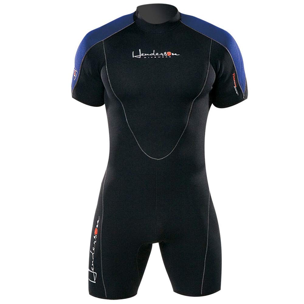 Henderson Man 3mm Thermoprene Shorty (Back Zip) Scuba Diving Wetsuit-Black/Blue-4XLarge