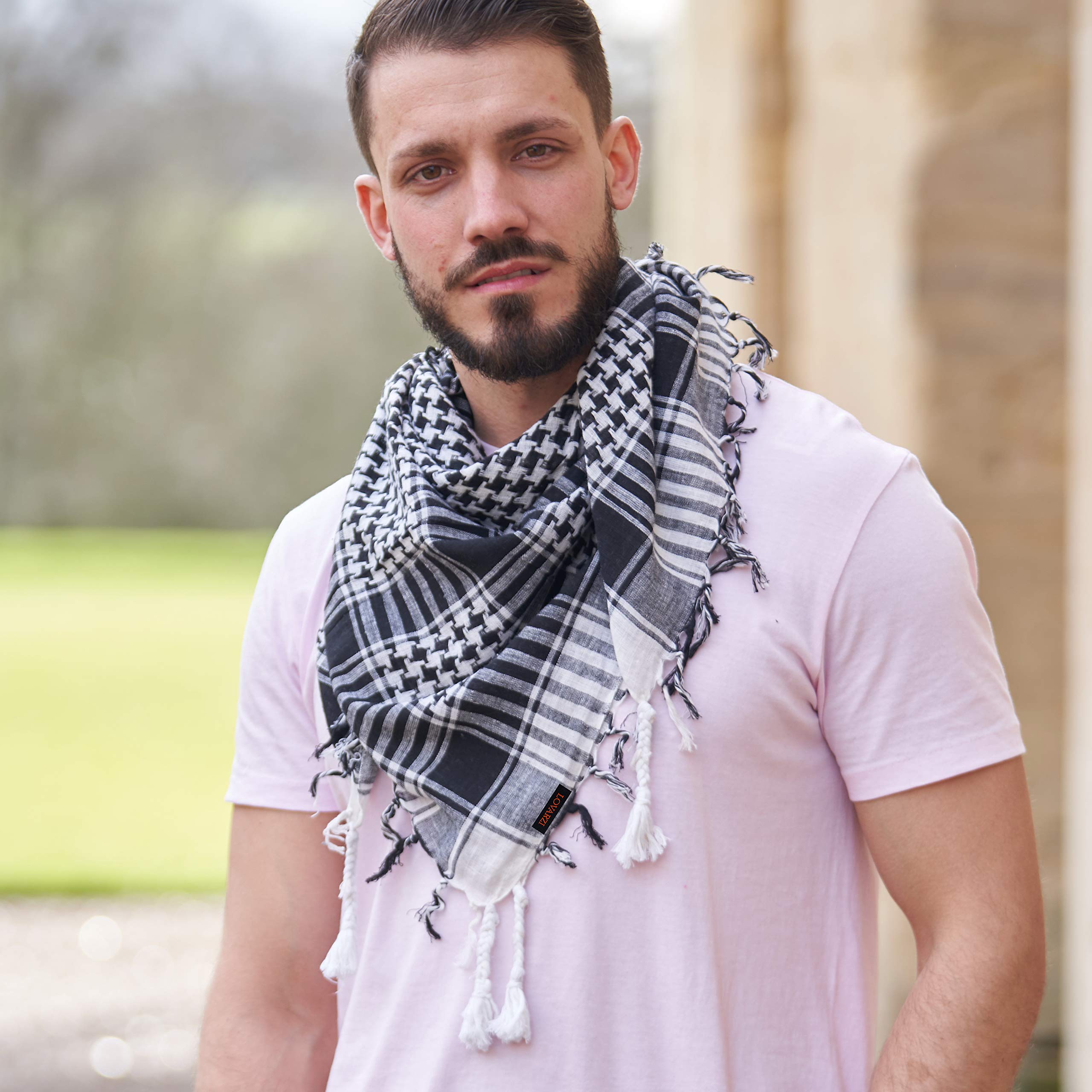 LOVARZI Cotton Shemagh Scarf - Tactical Black & White Arab Palestine Keffiyeh for Men - Lightweight Military Army Scarf