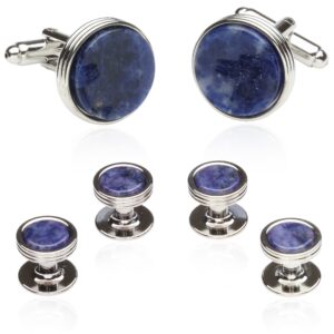 blue sodalite tuxedo shirt cufflinks studs formal set for men with travel gift box lapis lazuli blue cufflinks and studs