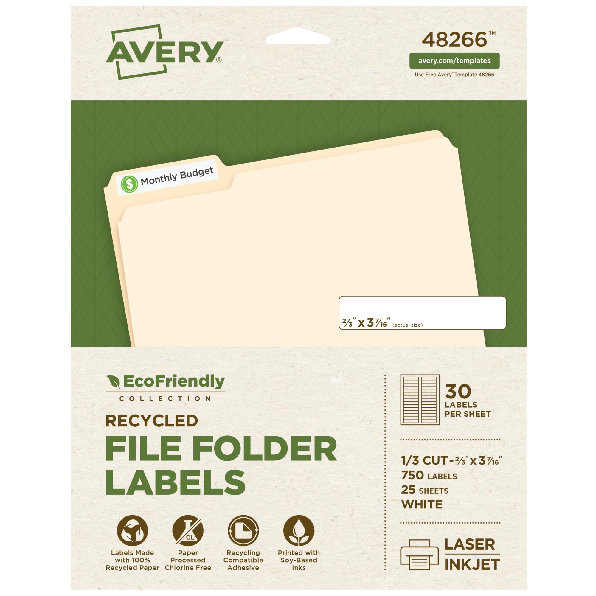 Avery EcoFriendly Recycled File Folder Labels, 2/3" x 3-7/16", White, Permanent Label Adhesive, 750 Printable Labels (48266)