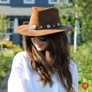 Minnetonka Buffalo Nickel Hat - Wide Brim Hat Featuring Distressed Ruff Leather, Studs and Unique Buffalo Nickel Metal Accents and Hidden Steel Wire in Brim, Black, Medium