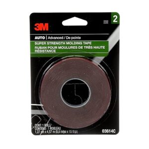 3m super-strength molding tape, 1/2 in x 15 ft, high strength double-sided adhesive, permanently attaches side moldings, trim and emblems to interior and exterior of vehicles (03614)