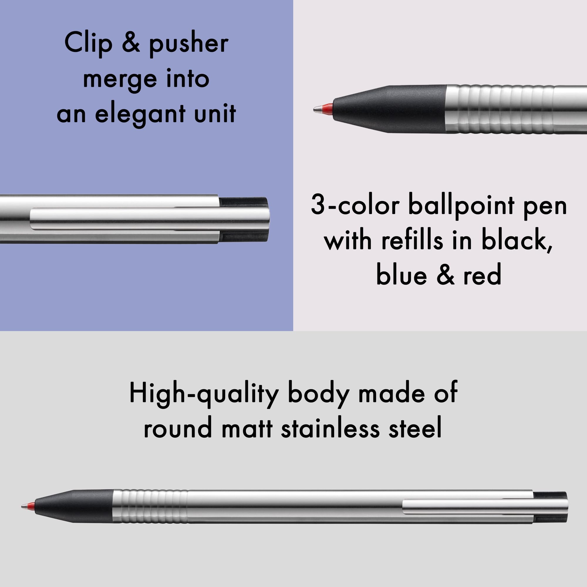 Lamy logo 3-colours - multicoloured ballpoint pen (black, blue, red) with a sight dial mechanism in an elegant stainless steel case - incl ballpoint refills M 21 in black, blue & red