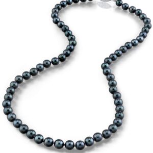 The Pearl Source 14K Gold 5.5-6.0mm AAA Quality Round Genuine Black Japanese Akoya Saltwater Cultured Pearl Necklace in 17" Princess Length for Women