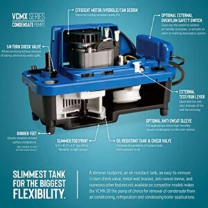 Little Giant VCMX-20ULST 115 Volt, 1/30 HP, 84 GPH Automatic Condensate Removal Pump, 6-Ft. Power Cord, Safety Switch, 20-ft. 3/8-inch Tubing, Blue, 554550