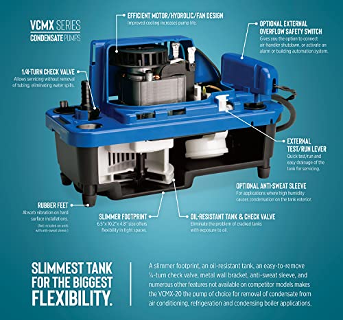 Little Giant VCMX-20ULST 115 Volt, 1/30 HP, 84 GPH Automatic Condensate Removal Pump, 6-Ft. Power Cord, Safety Switch, 20-ft. 3/8-inch Tubing, Blue, 554550