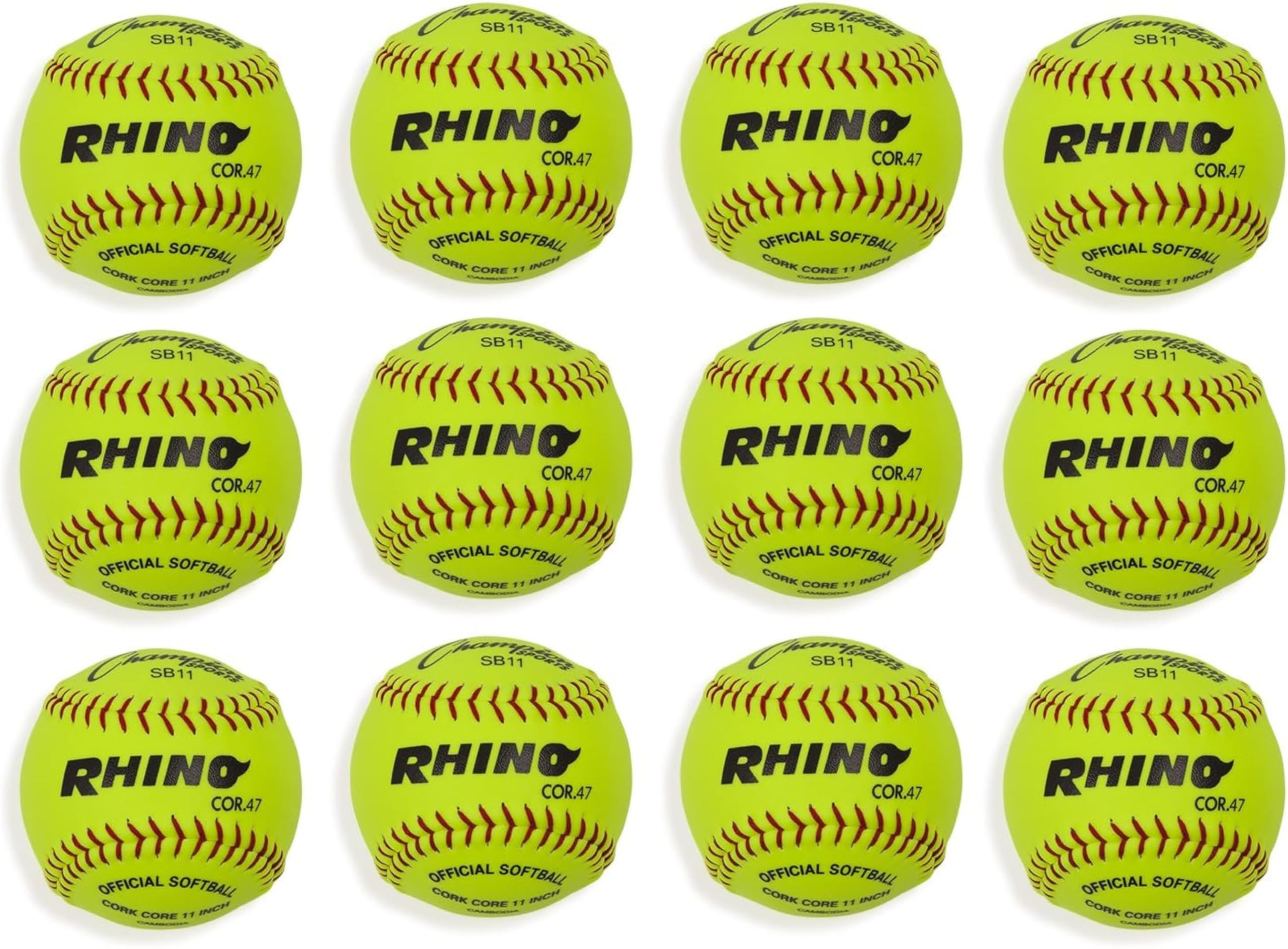 Champion Sports 11" Syntex Leather Cover Softballs - Cork Core - Medium Compression - NFHS Approved - Raised Seams - Optic Yellow - Pack of 12