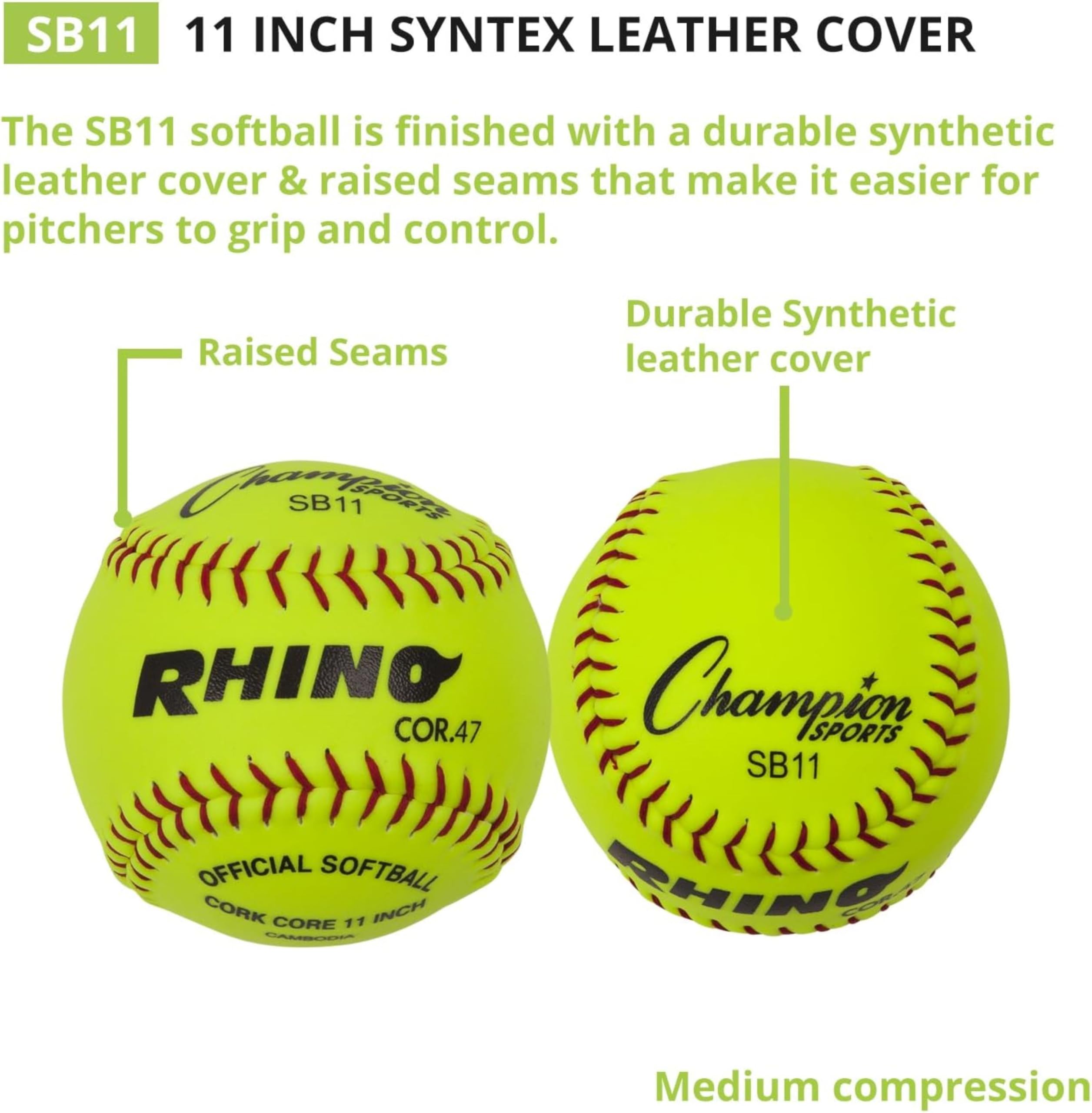 Champion Sports 11" Syntex Leather Cover Softballs - Cork Core - Medium Compression - NFHS Approved - Raised Seams - Optic Yellow - Pack of 12