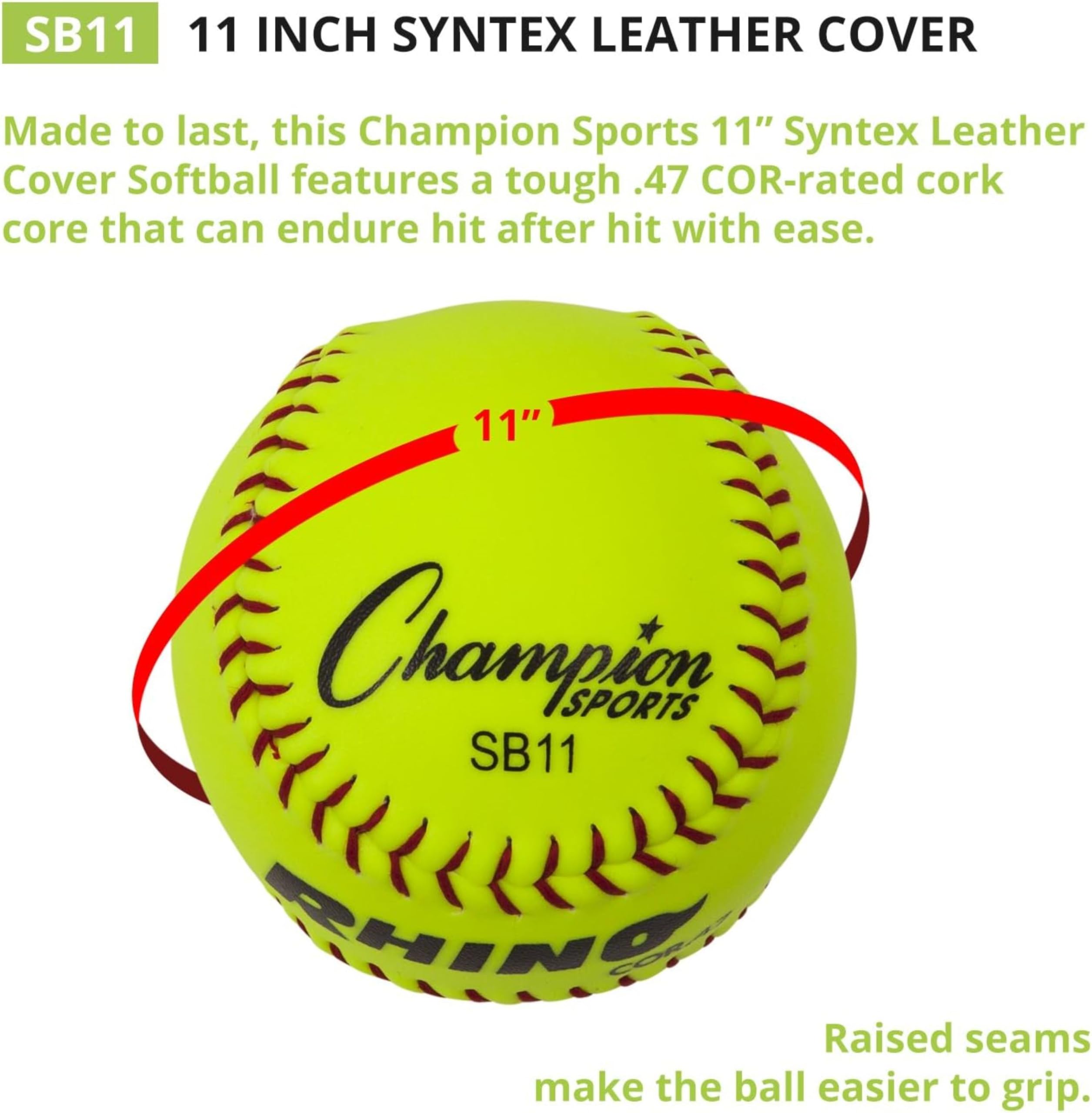 Champion Sports 11" Syntex Leather Cover Softballs - Cork Core - Medium Compression - NFHS Approved - Raised Seams - Optic Yellow - Pack of 12